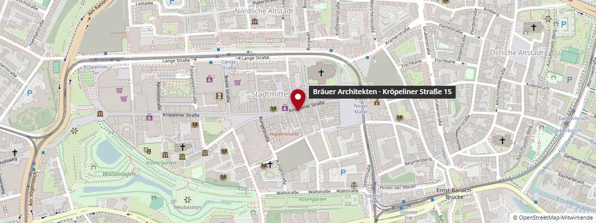 Stadtplan Rostock-Innenstadt mit Standort Bräuer Architekten, Kröpeliner Straße 15